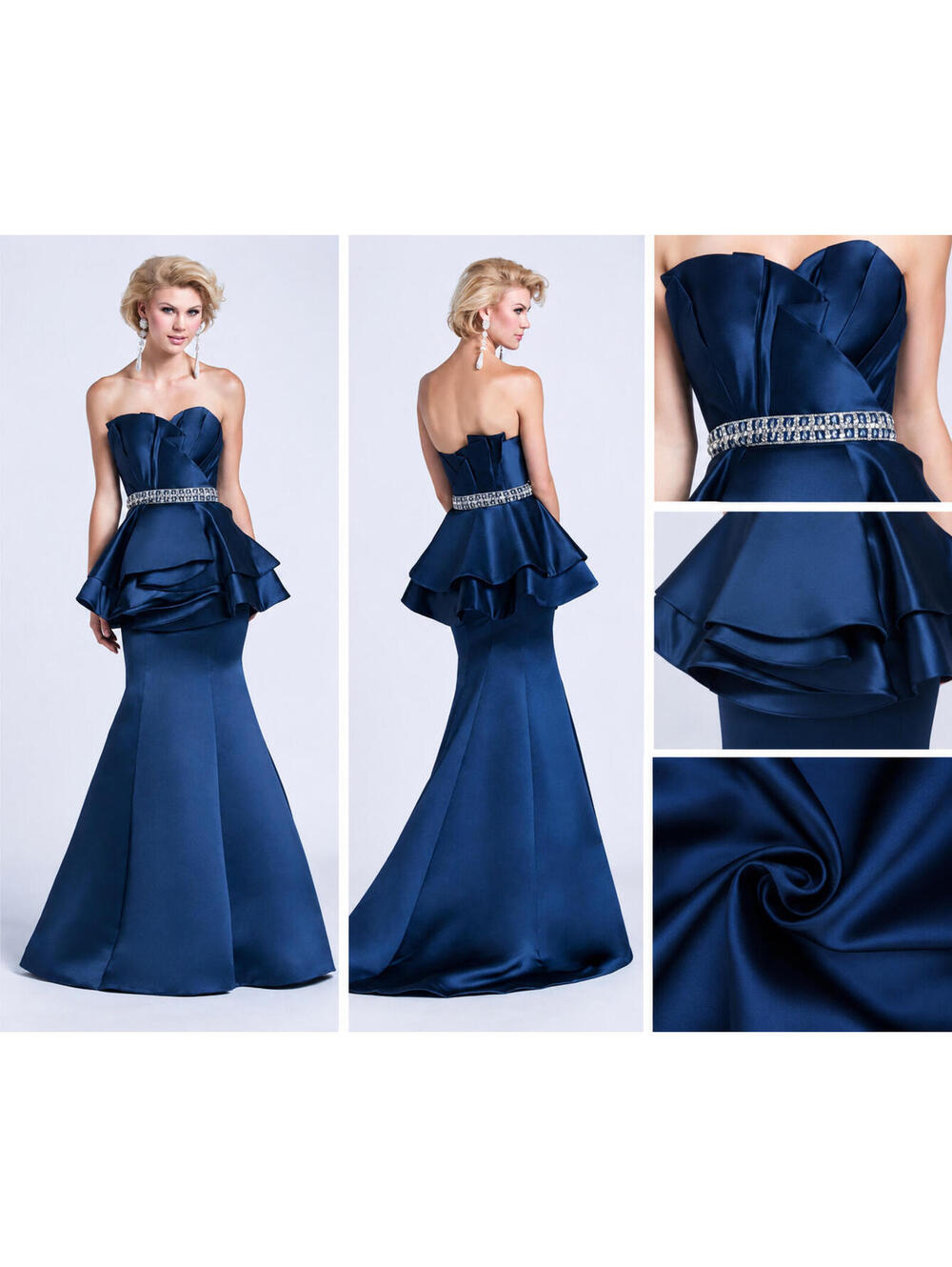 Ashley Lauren Navy Satin Strapless Mermaid Gown Crystal Waist Peplum Formal sz 2